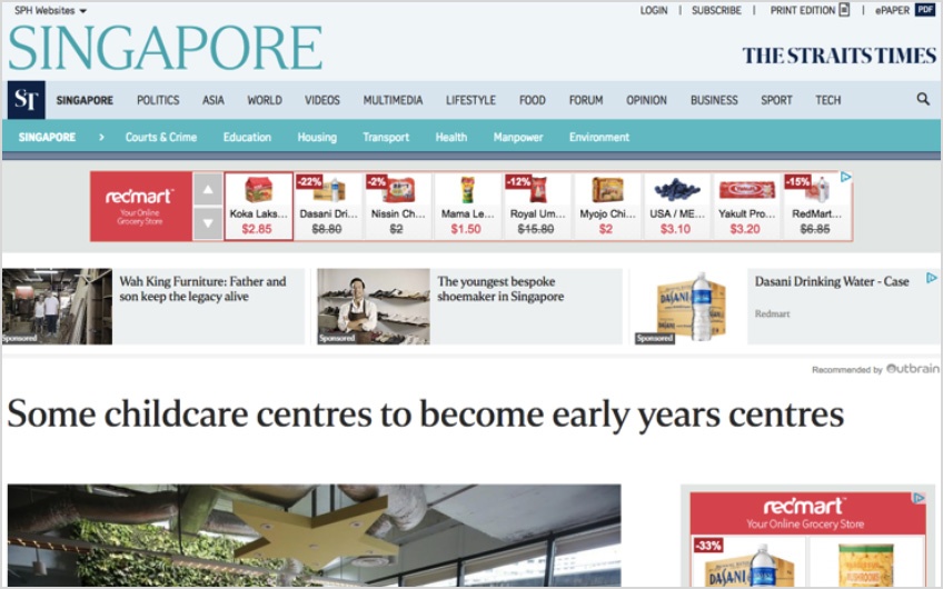 Dynamic Remarking: Redmart ad appearing on The Straits Times website